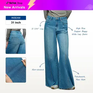 High Waisted Wide Leg Raw Hem Patchwork Design Relaxed Baggy Jeans Comfort Denim Trousers #TikTokShopHolidayHaul #HolidayHaul