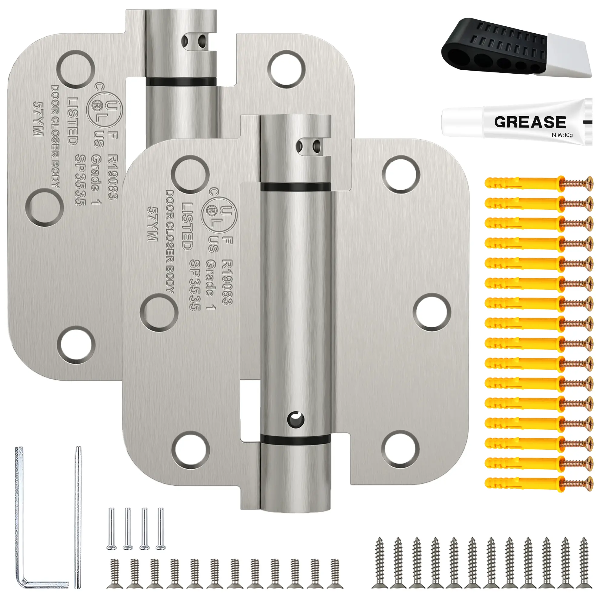 Treasem 3.5" Auto-Close Spring-Loaded Easy Install Hinges Kit - ANSI/BHMA Standards, Adjustable Tension, 5/8" Radius, Satin Nickel Plated, 16 Anchors, All Seasons, Safe for Bathroom, Exterior & Front Doors