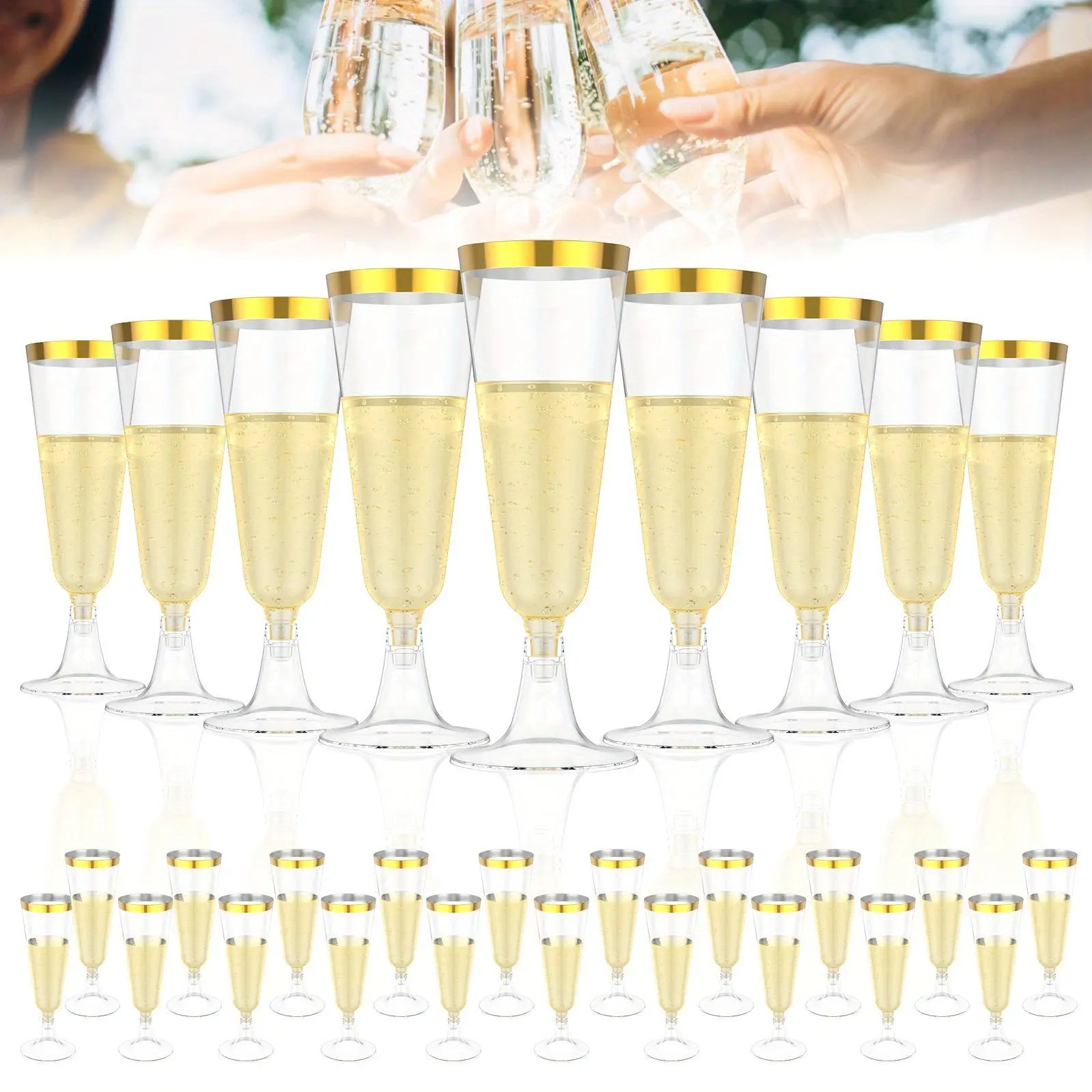50pcs Pack Elegant Plastic Champagne Flutes with Rim - Thickened Shatterproof Wine Glasses Suitable for Champagne,, Parties, Weddings, & Hand Wash Only