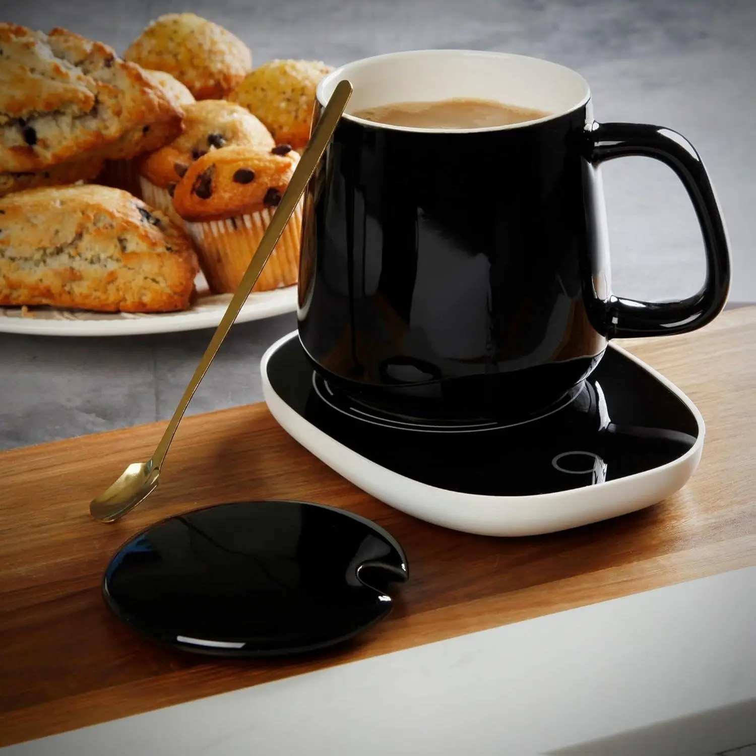 Warm & Cozy Mug Warmer Set - 14 oz Black Ceramic Coffee Cup with Lid Gold Stir Spoon Electric Mug Warmer for Home Office Use Compact Stylish Design Temperature Control Technology