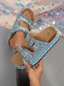 Boho Style Dual Buckle Sandals, Summer Outdoor Essential, Ethnic Twin Buckle Cork Slippers, Perfect for Vacation Vibes Footwear