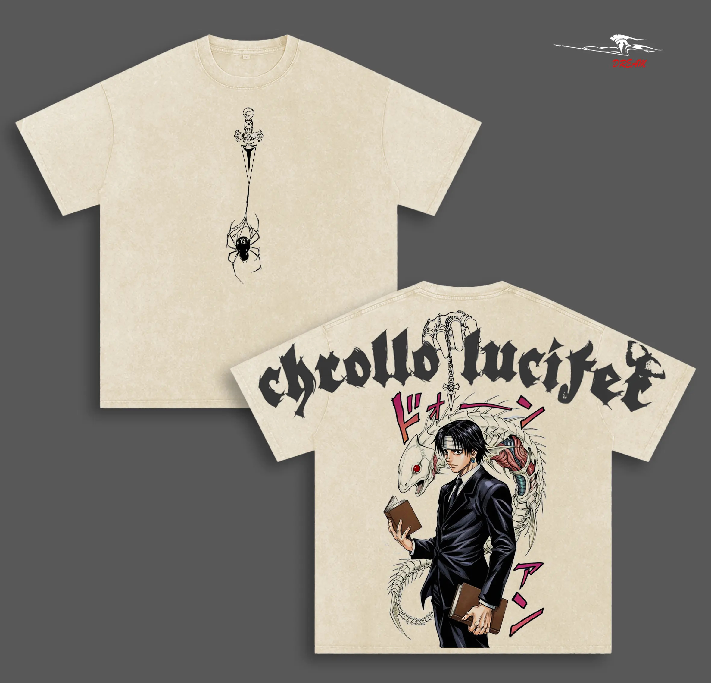 Chrollo lucilfer Hunter x Hunter Anime Double Printed Vintage Washed Tee Unisex Oversize Heavyweight Cotton T-shirt for Anime Fans and Lovers
