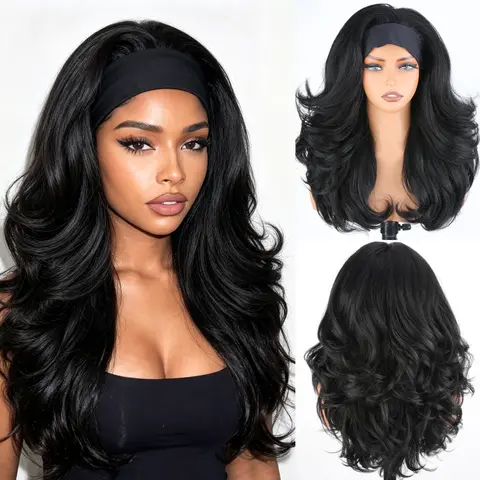 Long Wave & Body Wave Headband Wig for Black Women, 20 Inch Natural Black Slight Yaki Texture Synthetic Hair, Layered Blowout Glueless Headband Wig Blend 4C Hair Wear and Go Long Half Wigs