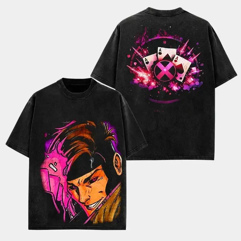 Vintage Gambit Double Sided Washed T Shirt Front Gambit X-Men Comic Portrait Graphic Back Three Aces Playing Cards X Symbol Purple Explosion Art Oversized Unisex Mutant Hero Short Sleeve Streetwear Tee