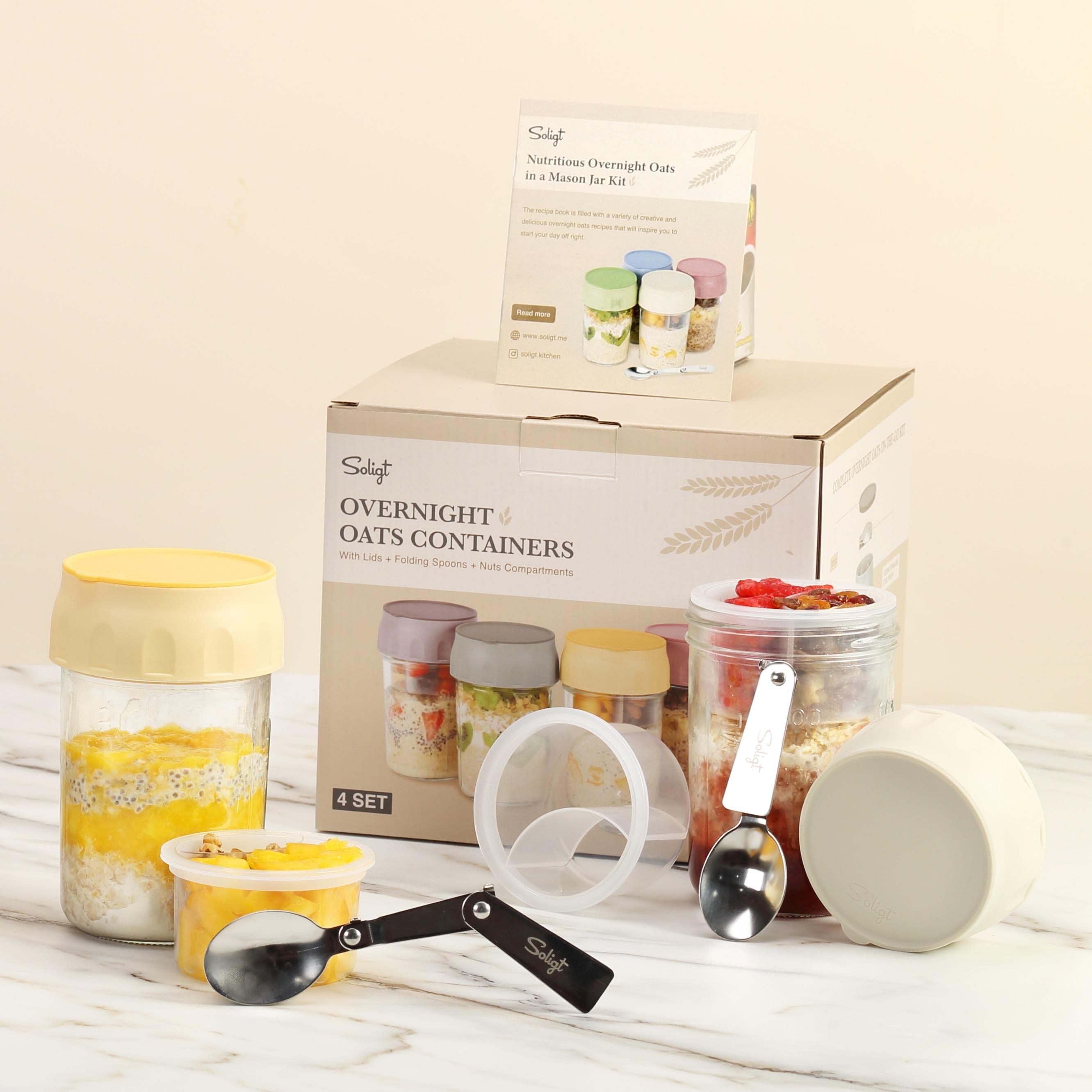 Soligt 16oz Overnight Oats Containers with Lids Folding Spoons & Divided Compartments for Fruit Nuts Small Glass Mason J