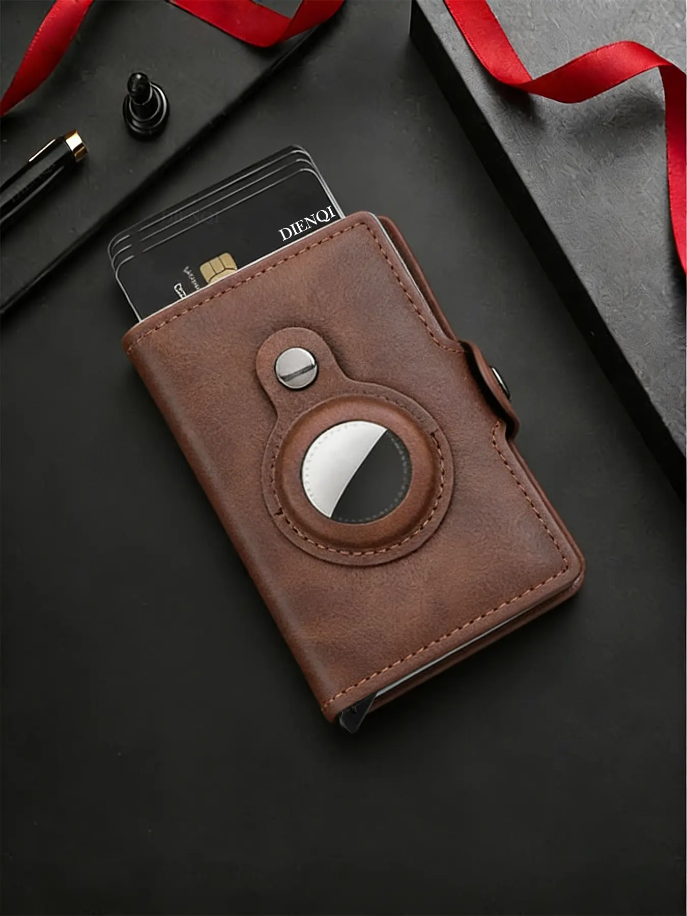 Men Wallet for Apple Airtag, RFID Blocking Card Holder, Pop Up Slide Metal Case, Business Bank Cardholder, Zip Coin Purse, Money Clip