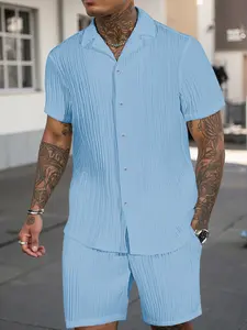 Men's Textured Pleated Camping Shirt and Shorts Set, Tops, Comfortable and Stylish, Perfect for Outdoor Activities, Casual Wear