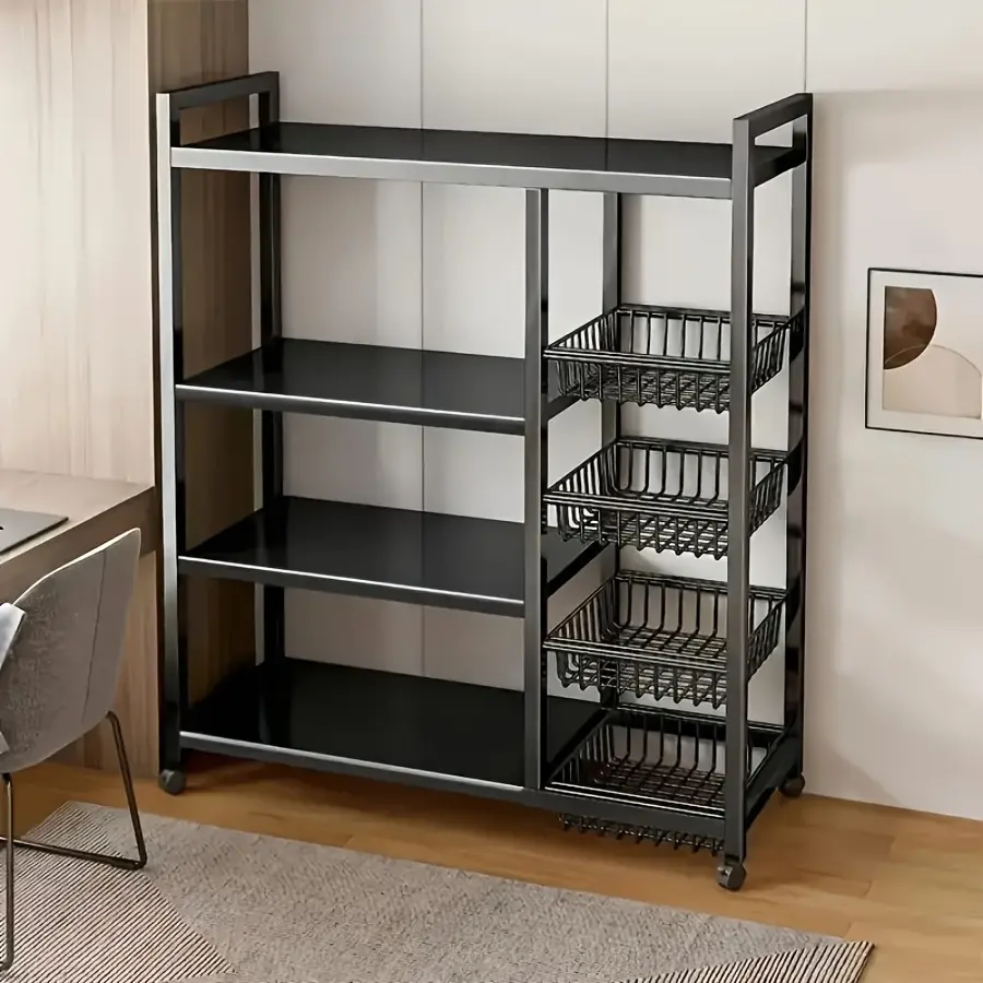 Office Storage and Organization Cart,1pc Movable Storage Rack, Adjustable Kitchen Shelf with Wire Baskets, Kitchen Organizer And Storage, Metal Shelf Rack with Wheels, Suitable for Garage