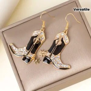 Golden-Tone Sparkling Rhinestones Cowboy Boot Dangle Earrings 1 Pair Women'S Western Jewelry with Boot Studs, Everyday & Formal Events, Year-Round Luxury Accessories for Women, Cowboy Accessories, Versatile Fashion Piece, Rhinestone Embellishments
