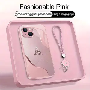 Wave Art 26 letter Phone Case, Suitable for [iPhone 15 Plus] high-end women's, Lanyard a beautiful four-leaf clover lanyard is included🍀 952