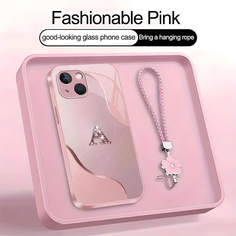 Wave Art 26 letter Phone Case, Suitable for [iPhone 15 Plus] high-end women's, Lanyard a beautiful four-leaf clover lanyard is included🍀 952