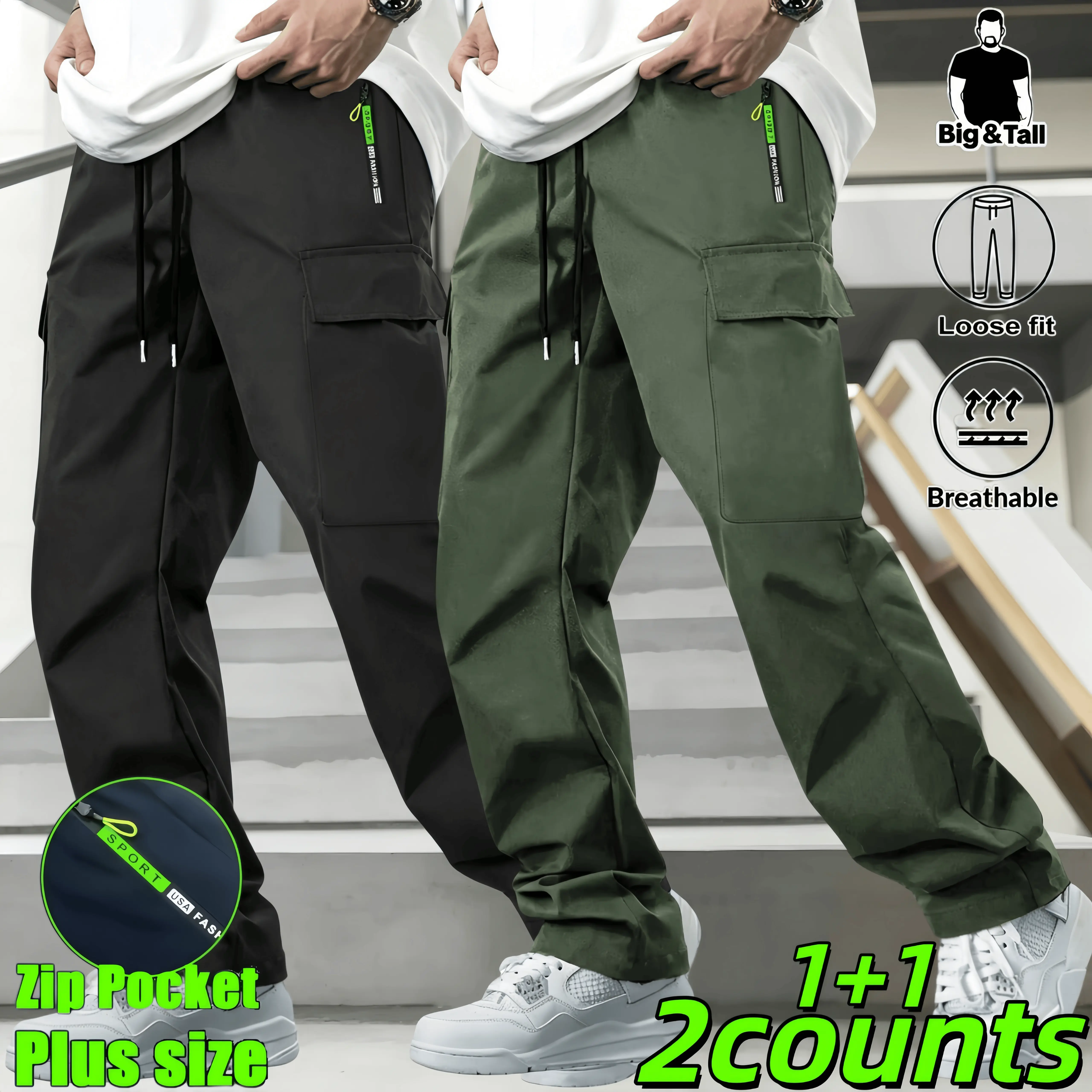 Big & Tall Men’s Loose Fit Cargo Pants (2-Pack) - Plus Size Quick Dry Breathable Fabric Menswear, Stylish Plain Casual Comfy Pocket Athletic Trousers with Secure Zip Side Pockets, Utility Streetwear Work Pants