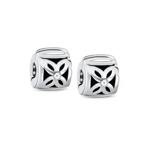 Sterling Silver Floral Daisy Spacer Stopper Barrel Bead Charm Snap Clasp for Bracelet (Set of 2)