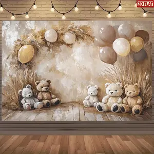 2D Flat Banner, 1pc Teddy Bear Baby Shower Backdrop with Plush Toys & Balloons - Neutral-Toned Polyester Party Banner for Birthdays, Showers, Christening, Tailgate Decor - No Electricity Needed, Multiple Sizes, Party Decorations Banners