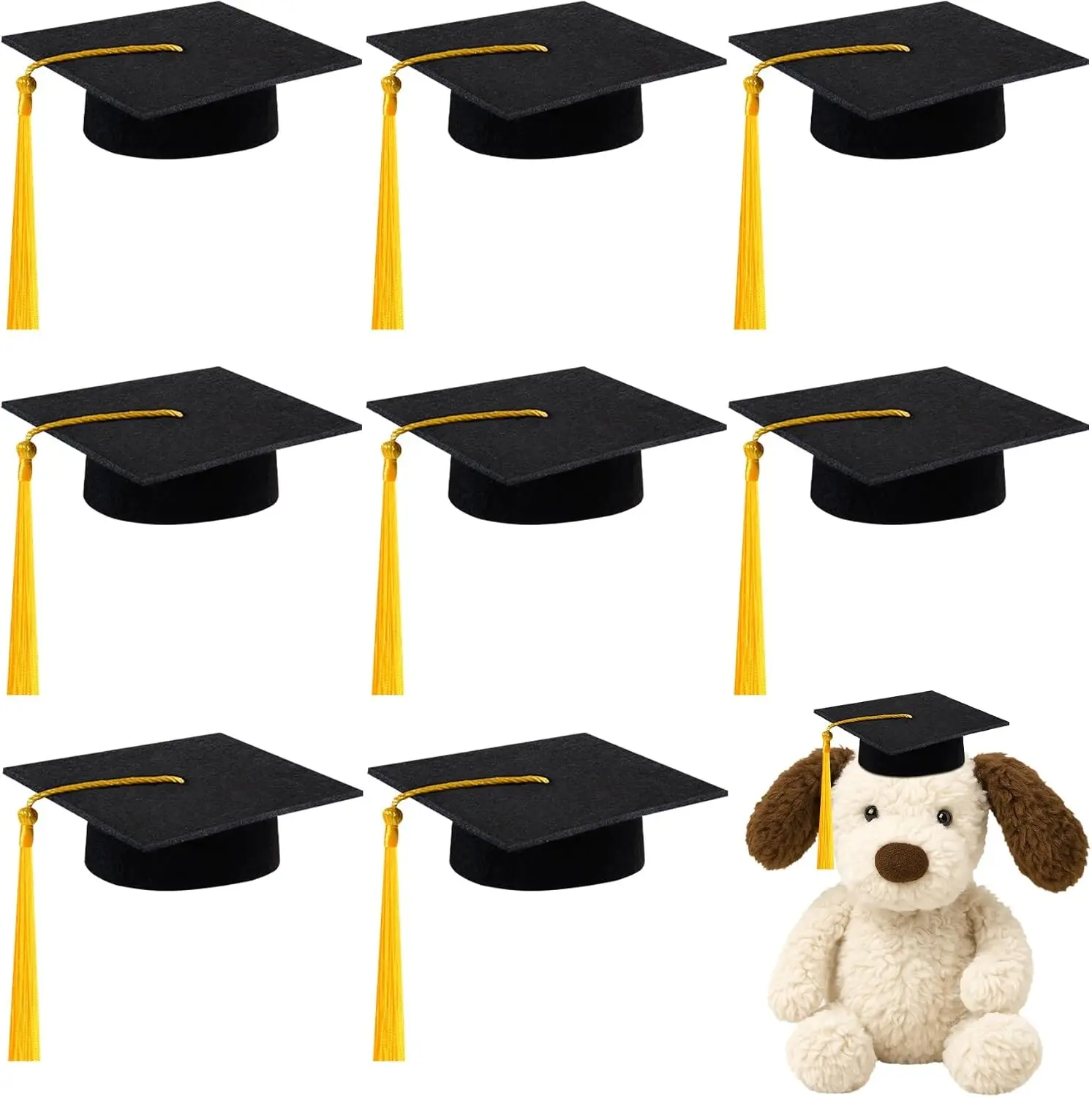 SVKN 9 Pcs Mini Graduation Cap with Tassel Mini Plush Mason Jar Small Animal Bachelor Hat Graduation Decoration Party Favors