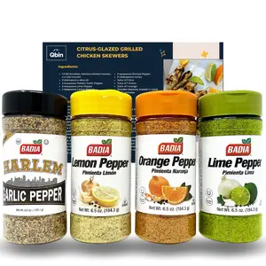 Badia Harlem Garlic Citrus Pepper All Purpose Seasonings Variety Pack - 4 Sensational Flavors (Lemon Spice, Orange), Spicy Powder, Salty & Savory, Grilling Use, QBIN Recipe Card, Pantry Pack