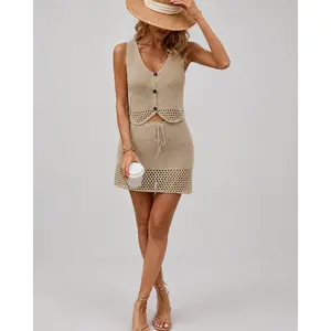 Women's Crochet Two Piece Skirt Set, V Neck Button Vest Top and Drawstring Mini Skirt, Summer Beach Vacation Resort Outfit