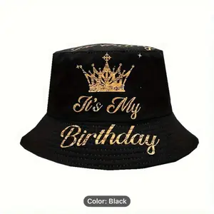 Happy Birthday Black Bucket Hat - 100% Polyester Woven Fabric, Lightweight Sun Protection, Unisex Design for Party & Outdoor Activities