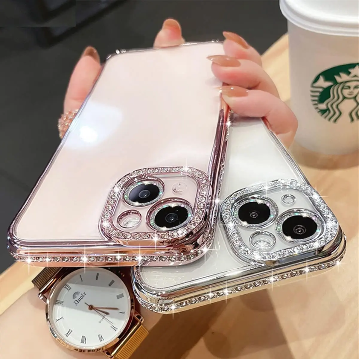 Luxurious Sparkling Crystal Clear Wireless Charging Plated Phone Case For iPhone 17pro/12/13/14/15/16 Pro Max Plus With Shockproof Band, Glitter Camera Lens Protector, And Back Cover, Drop Protective Phone Cases, for iPhone 17 Pro Max