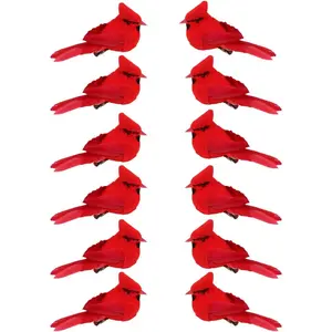 12 Pcs Cardinal Birds for Crafts, Mini Cardinal Clip On Christmas Tree Ornaments Artificial Red Birds Decorations for Wreaths Centerpieces DIY Crafts, Red Velvet & Feathers