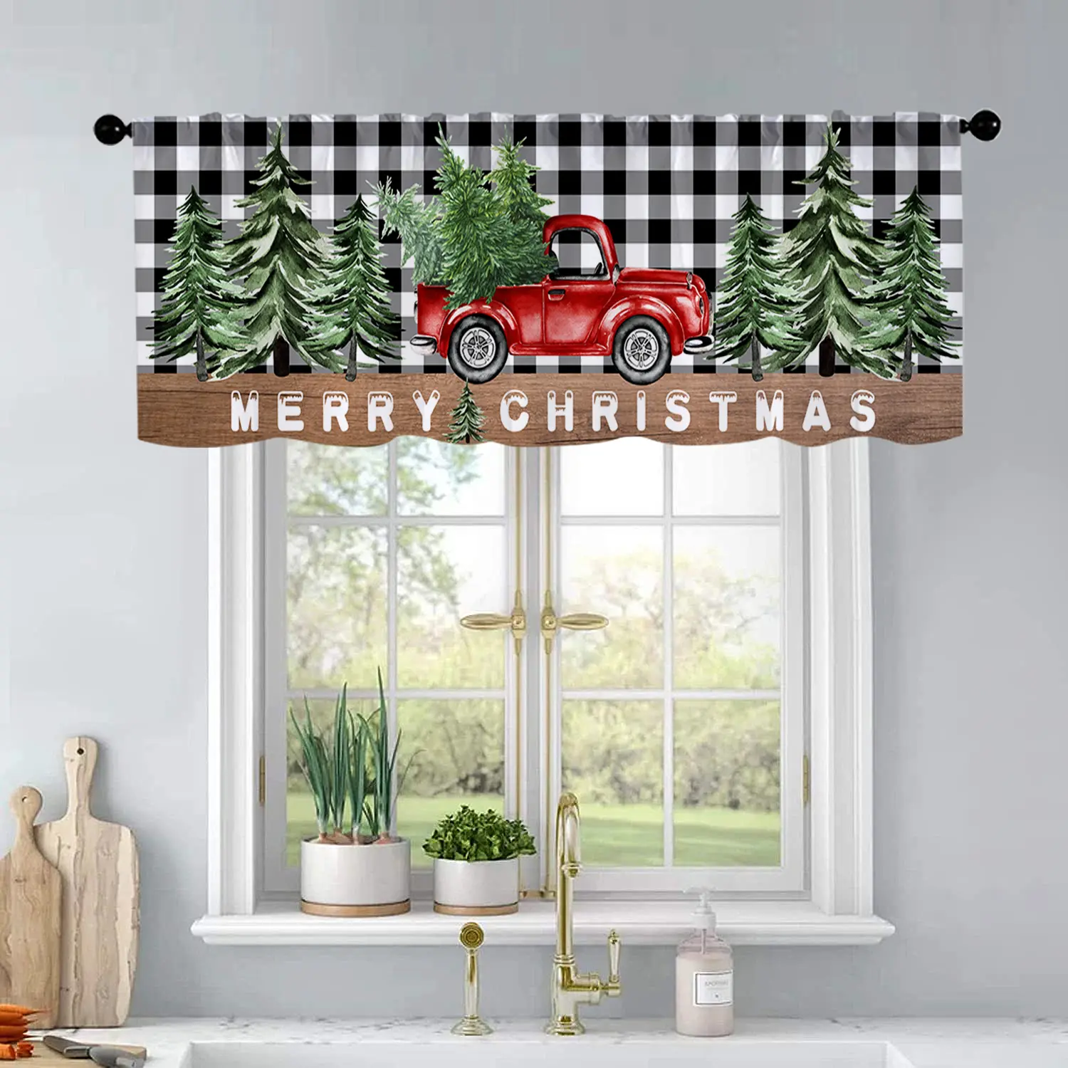 1 pc Christmas Red Truck Christmas Tree Black And White Checkered Background Print Kitchen Curtains Valance Living Room Bedroom Bathroom Home Decoration 54x18 Inch