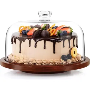Cake Stand with Acrylic Dome, Rotating Cake Plate Acacia Wood Cake Stand with Acrylic Lid, Cake Display Server Tray, Cake Decorating Turntable for Baking Gifts, Birthday Kitchen Party, Weddings