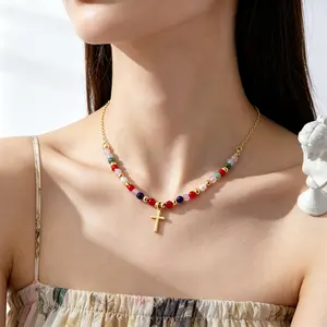 Women's Colorful Beaded Cross Necklace, Gold/Silver Plated Adjustable Chain, Faith Jewelry for Women, Trendy Color Religious Gift, Faith Necklace