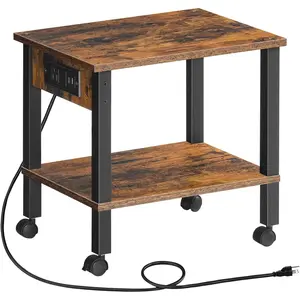 2-Tier Printer Stand with Charging Station, Under Desk Printer Table, Printer Cart with Storage Shelves for Small Spaces, Ideal for Home Office, Rustic Brown and Black BF38UPS01