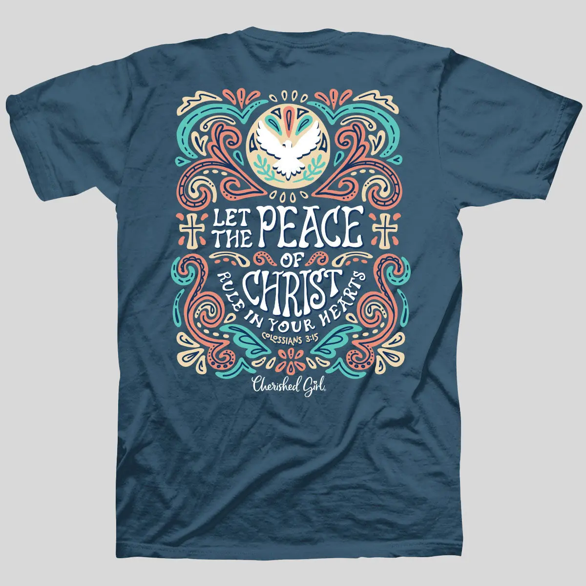 Women's Serene Christian Graphic T-Shirt with Biblical Quote - Standard Fit Tee with Taped Neck and Peace of Christ Message