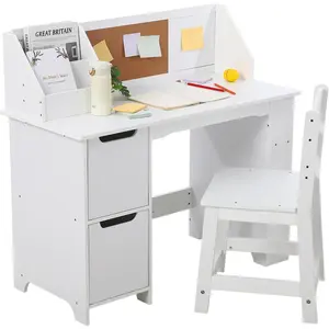 Study Desk and Chair Set, Wooden School Learning Table with Storage, Hutch and Bulletin Board, Children Computer Desk with Chair, Small Desk for Home, School, White-C