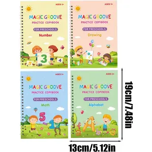 4-book Magic Groove Handwriting Practice Books for Kindergarten, Erasable and Reusable, with Pen Refill and Pen Holder