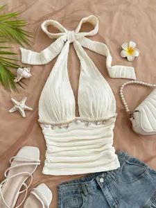 Women's Summer Fashion Beach Vacation Starfish Shell Ribbon Decor Knit Texture Fabric Halter Neck Top, Stylish and Comfortable Clothing