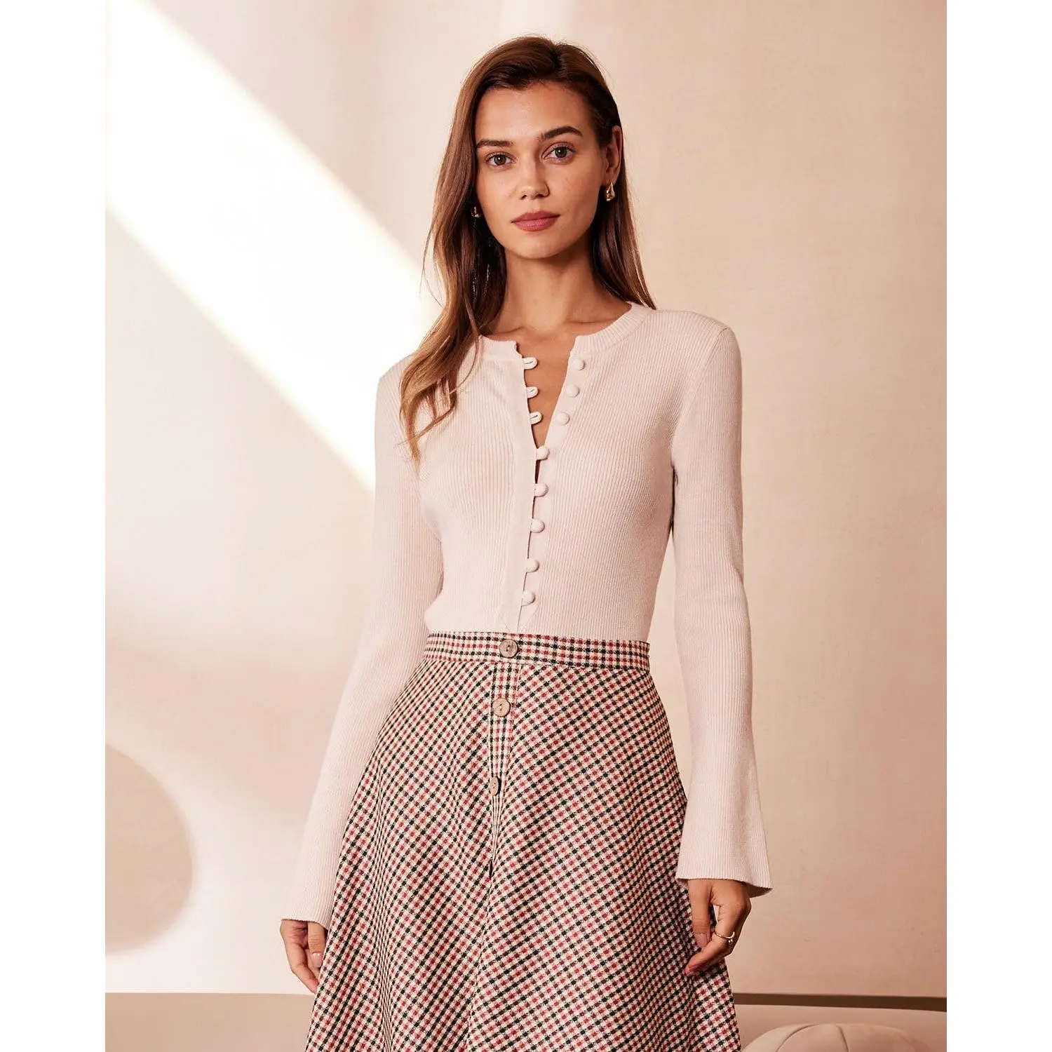 RIHOAS Women's Full Sleeve Ribbed Knitwear, Slim Fit Polyester Top with Flare Cuffs and Button Front Detail, Full Sleeves