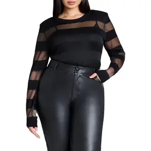 ELOQUII Women's Plus Size Sheer Stripe Sweater With Shoulder Pad