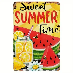 Vintage "Sweet Summer Time" Watermelon & Lemonade Metal Tin Sign, Retro Summer Wall Art, Perfect Patio & Farmhouse Decor 12*8inch Metal Tin Sign Metal Wall Art Tin Wall Decor Vintage Metal Sign Retro Tin Plaque