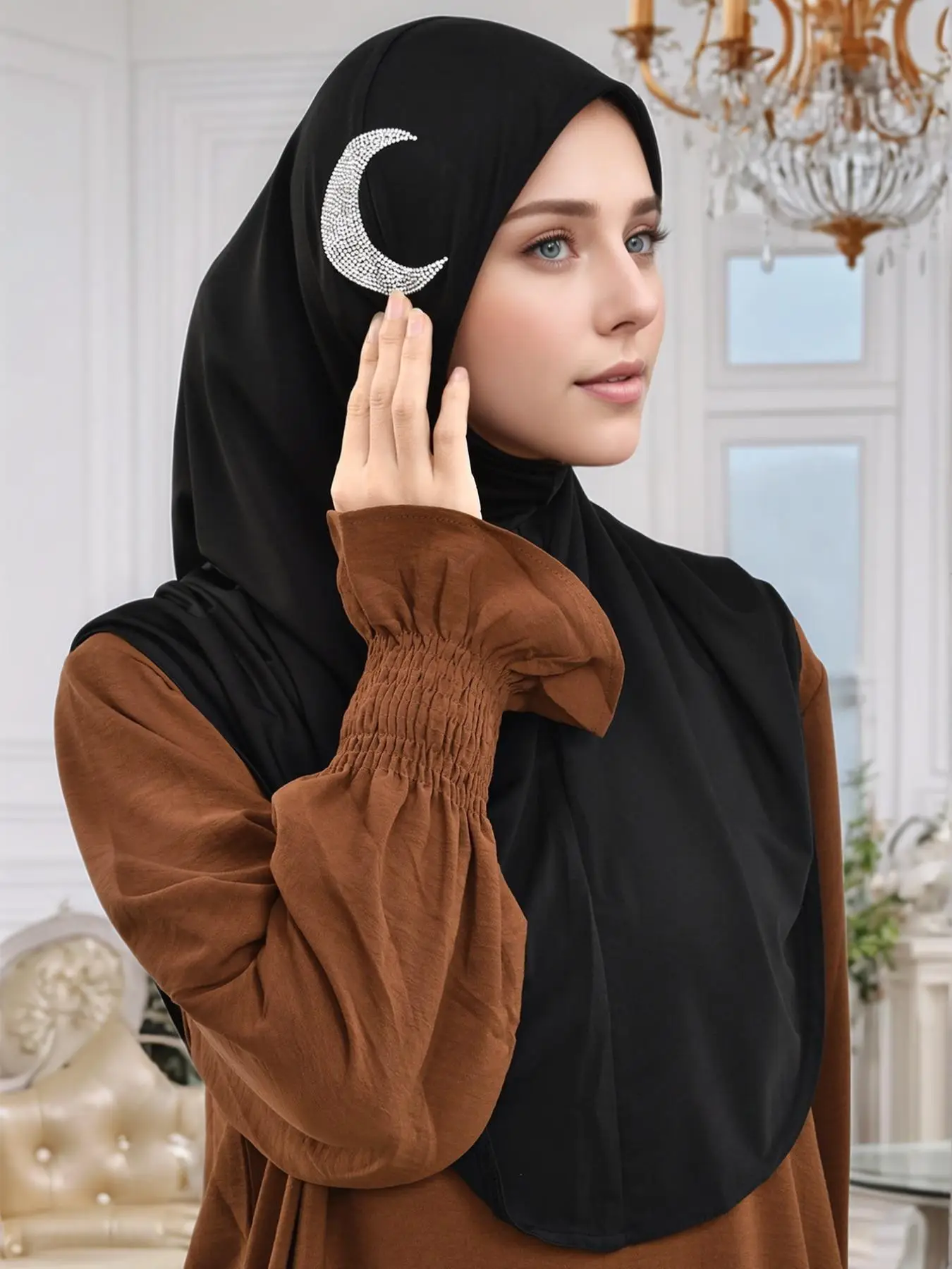 Women's Plain Rhinestone Decor Crescent Moon Design Hijab, Modest Casual Instant Hijab for Daily Wear, Fashion Muslim Clothing for All Seasons