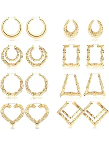 8 Pairs Bamboo Earrings for Women Large Different Shape Bamboo Hoop Earrings Set Chunky Silver Gold Big Hoop Earring Hip-Pop Style Fashion Custom Jewelry Party Accessory Circle Shape Earrings