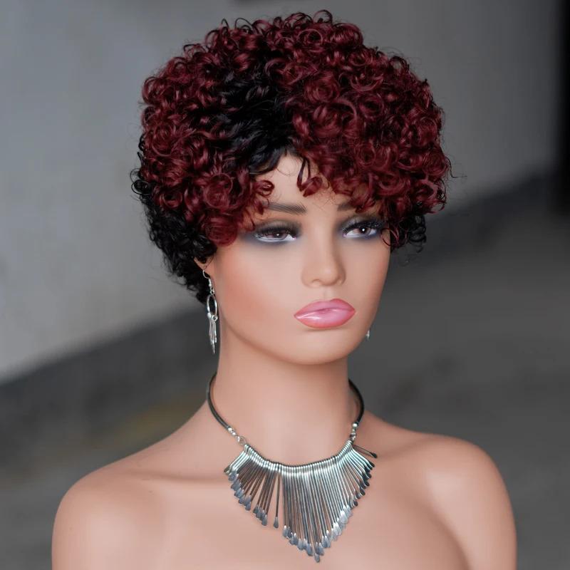 6inch Short Curly Wigs T1B/99J None Lace Front Human Hair Wigs with Bangs 180% Density Machine Made Pixie Cut Curly Wave Wig