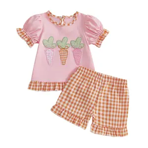 Toddler Baby Girls Easter Two Piece Outfit Puff Sleeve Cute Carrots Bow T Shirt Tops Gingham Ruffled Shorts Summer Clothes