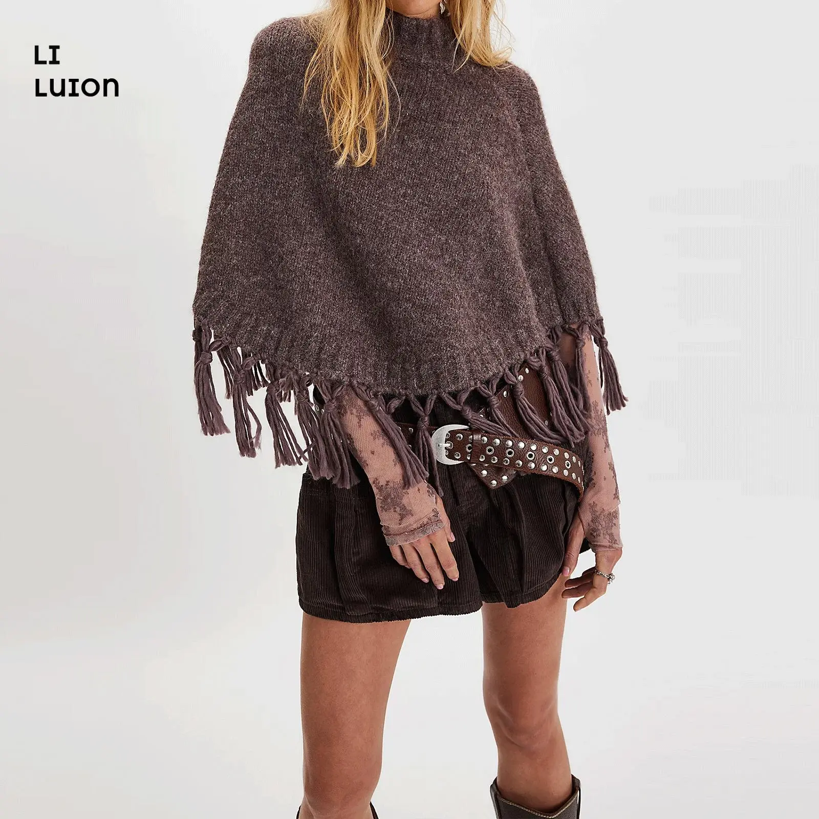 Women Tassel Knit Cropped Poncho Y2K Mock Neck Knitted Fringe Shawls Wraps Sweater Fall Winter Elegant Holiday Cape