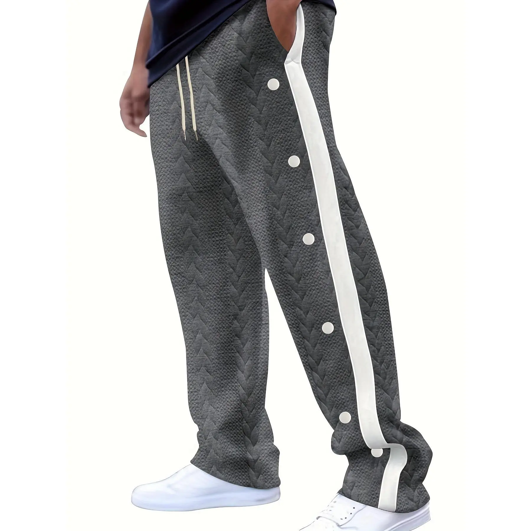 Men's Casual Jacquard Joggers with Button Detail - Loose Fit, Stretch Polyester Blend for Fall/Winter