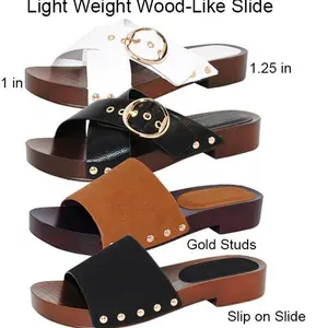 TRENDSUP Women's Slip-On Wood Open Toe Sandals with Gold Stud Detail Lightweight Casual Footwear Classic Slide Design 1.25 In. Platform Heel