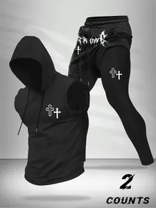 Men's Casual Sports Set, Sleeveless Hoodie Vest + Faux Two-Piece Pants, Activewear Set, High-Quality Comfortable Fashion, Ideal for Daily Wear