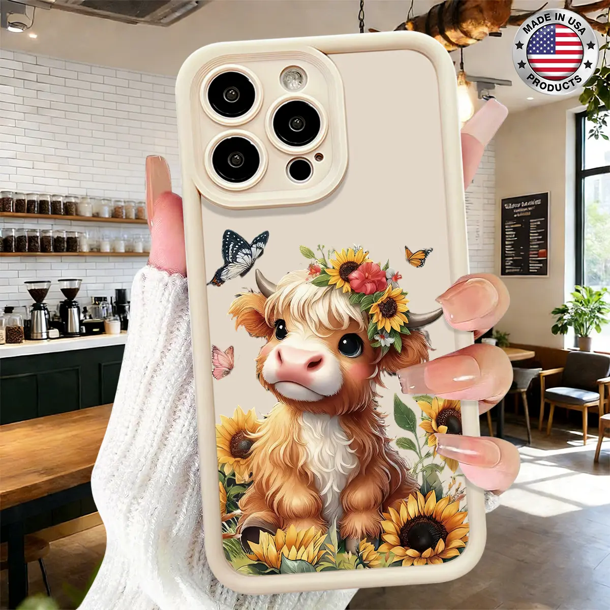 Cute Cartoon Highland Cow Sunflower Floral Aesthetic Design Case for iPhone 17 16 15 14 Pro Max 13 12 11 XR XS Plus Air Slim Shockproof Anti Drop Protective Durable TPU Cover