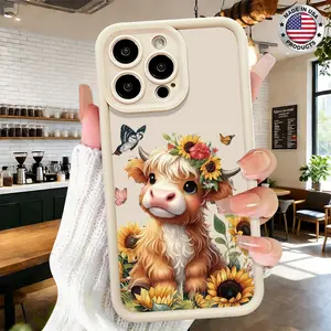 Cute Cartoon Highland Cow Sunflower Floral Aesthetic Design Case for iPhone 17 16 15 14 Pro Max 13 12 11 XR XS Plus Air Slim Shockproof Anti Drop Protective Durable TPU Cover