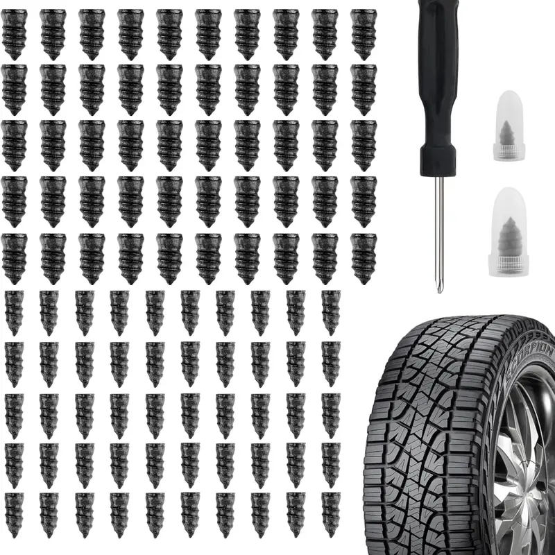 100PCS Tire Plug Kit with Screwdriver, Durable Rubber Flat Tire Repair Kit for Fast Puncture Fixing, Self-Service Repair Nails for Cars & Trucks