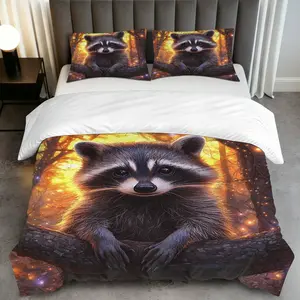 3PCS Duvet Cover Set, 1 Duvet+2 Pillowcases(Without filler), Raccoon Forest Sunset Wildlife Animal Vintage theme, Christmas bedding set, Cozy Bedroom Woodland Suitable for decoration Bedroom Living Room Guest Room Cabin.