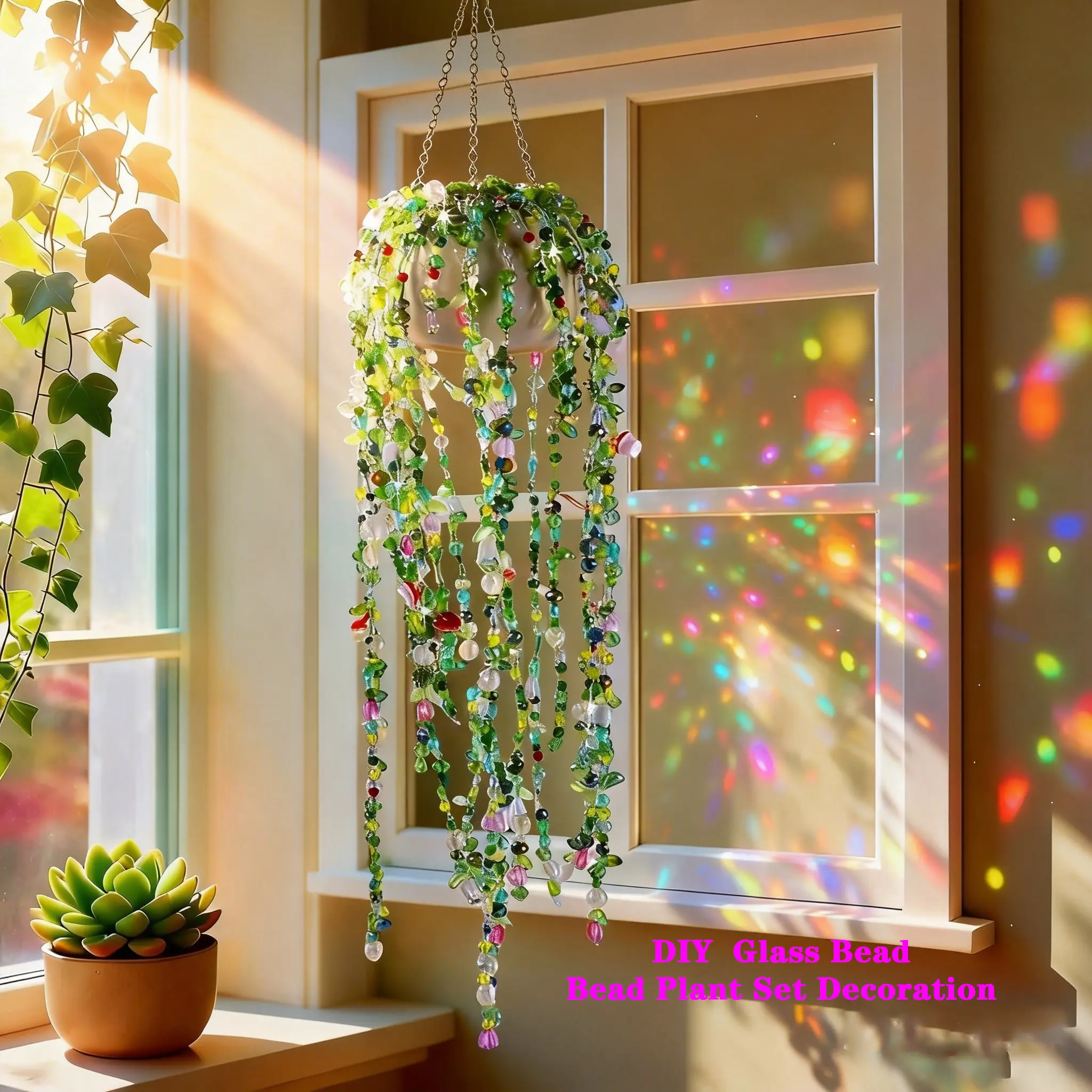 Handcrafted Translucent Colored Glass Beaded Decor Set - Flash Sale Home Items, Modern Bohemian Room Accessories, Home Essentials, Ideal Gift for Plant Enthusiasts with Artificial Plants