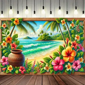 2D Flat, Tropical Beach Banner with Palm Trees, Ocean Waves & Hibiscus Flowers - Wrinkle-Resistant Backdrop Suitable for Parties, Hawaiian Luau Decorations, Lightweight Palm Border Design for Wall Hanging or Ceiling Decoration, 2D Flat