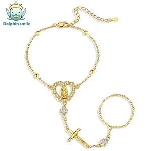 Virgen Mary Women Bracelet San Judas Tadeo 14K Gold Plated Hand Chain with Cubic Zirconia Dainty Ring Set Lightweight Trendy Jewelry